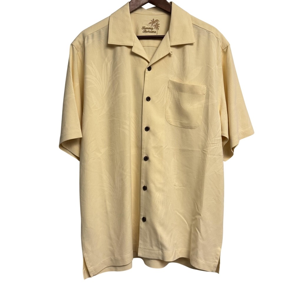 Tommy Bahama Shirt Mens L Yellow 100% Silk Short Sleeve Camp Button-Up Tropical